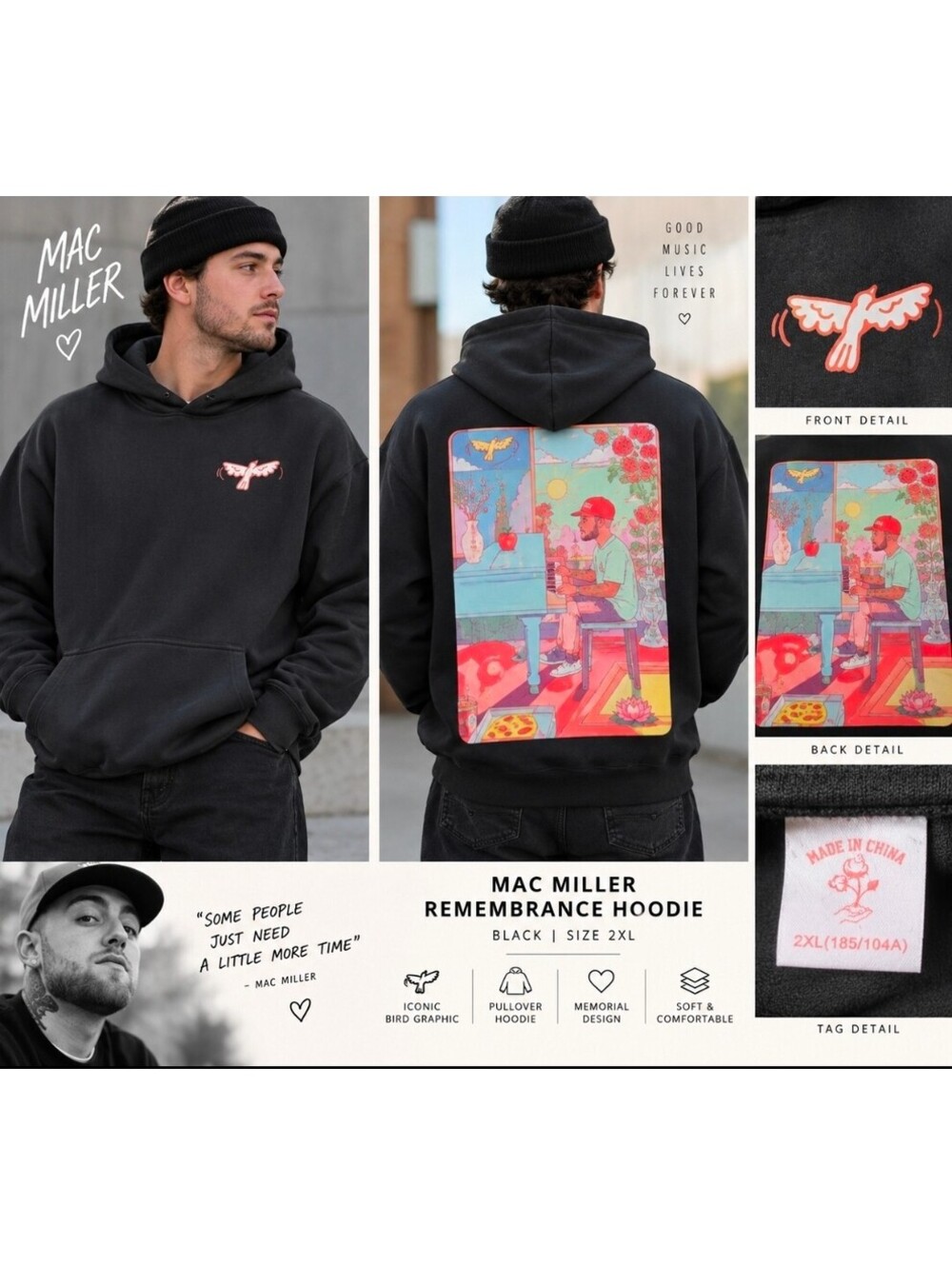 Mac Miller Remembrance Memorial Hoodie Black 2XL Graphic Back Bird Pullover